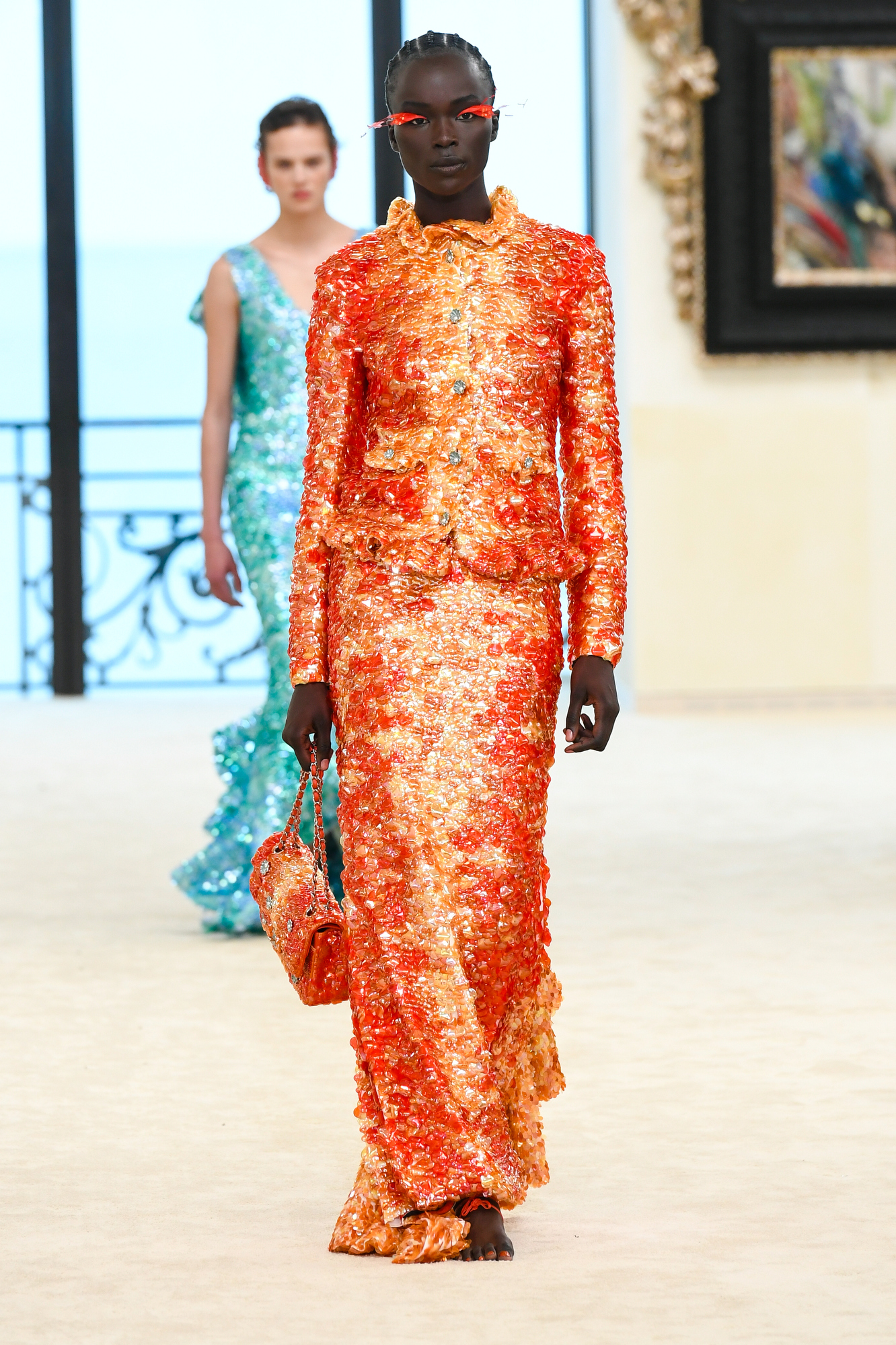 Chanel Cruise 2027 — closer mermaid sequence descending the Casino Municipal floor.