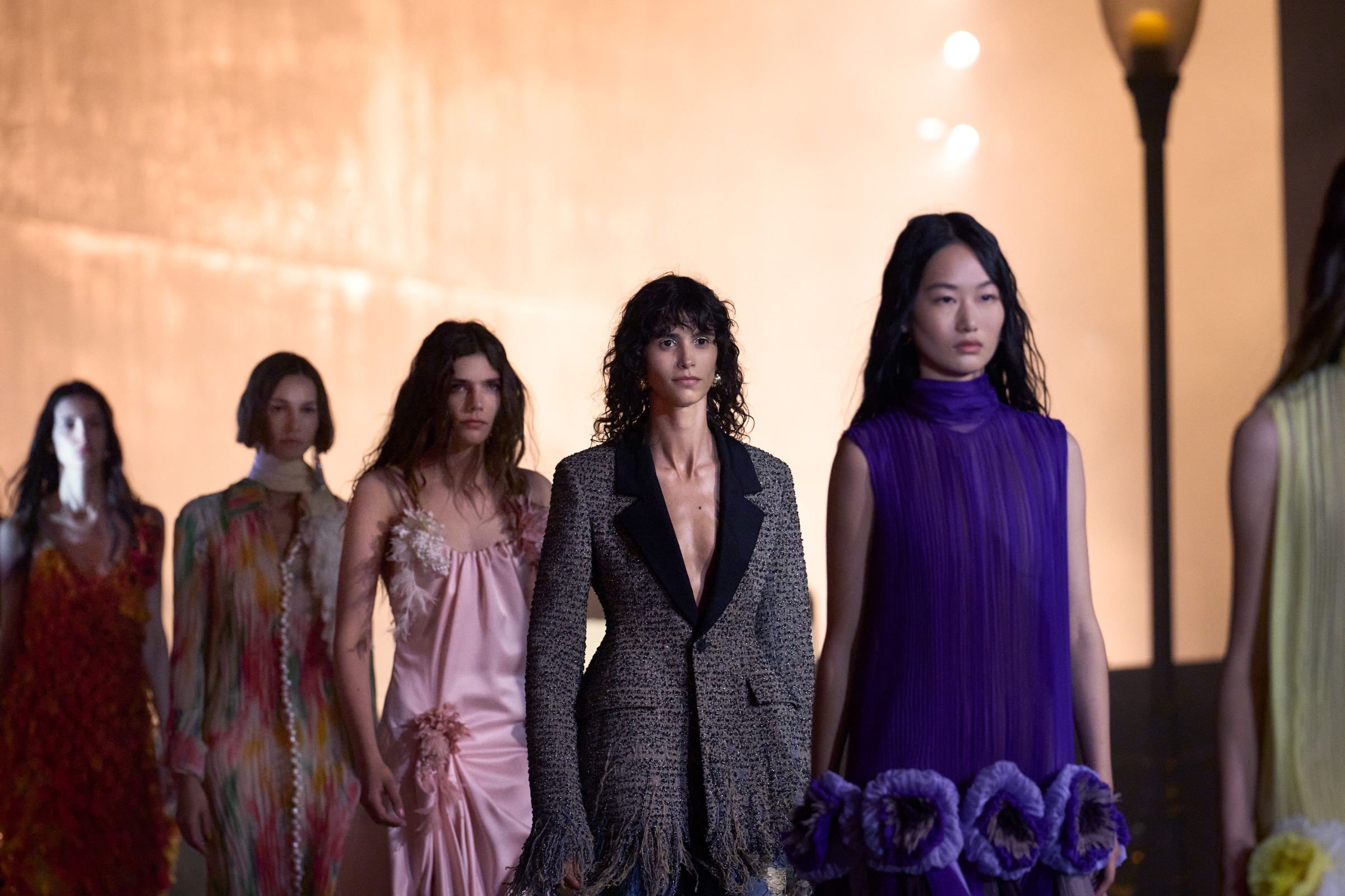 Dior Cruise 2027 — finale group walk, 75-look mixed-gender cast at LACMA David Geffen Galleries.